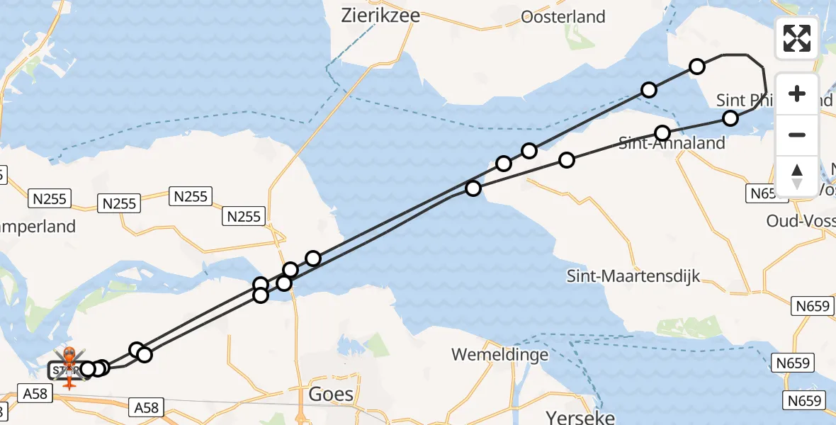 Vluchtroute Kustwachthelikopter van Vliegveld Midden-Zeeland naar Vliegveld Midden-Zeeland