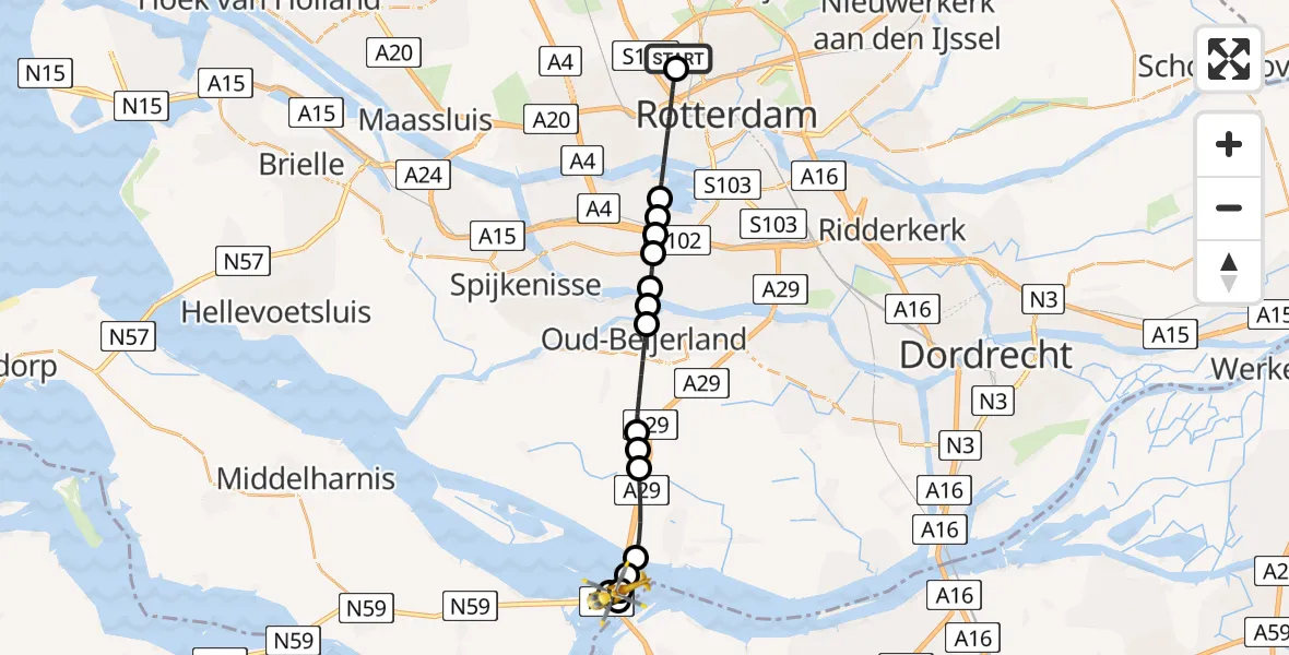 Vluchtroute Traumahelikopter van Rotterdam The Hague Airport naar Ooltgensplaat