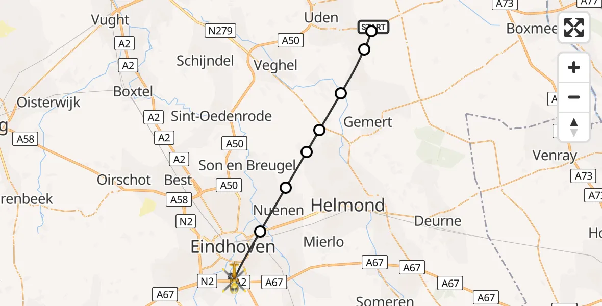 Vluchtroute Traumahelikopter van Vliegbasis Volkel naar Eindhoven