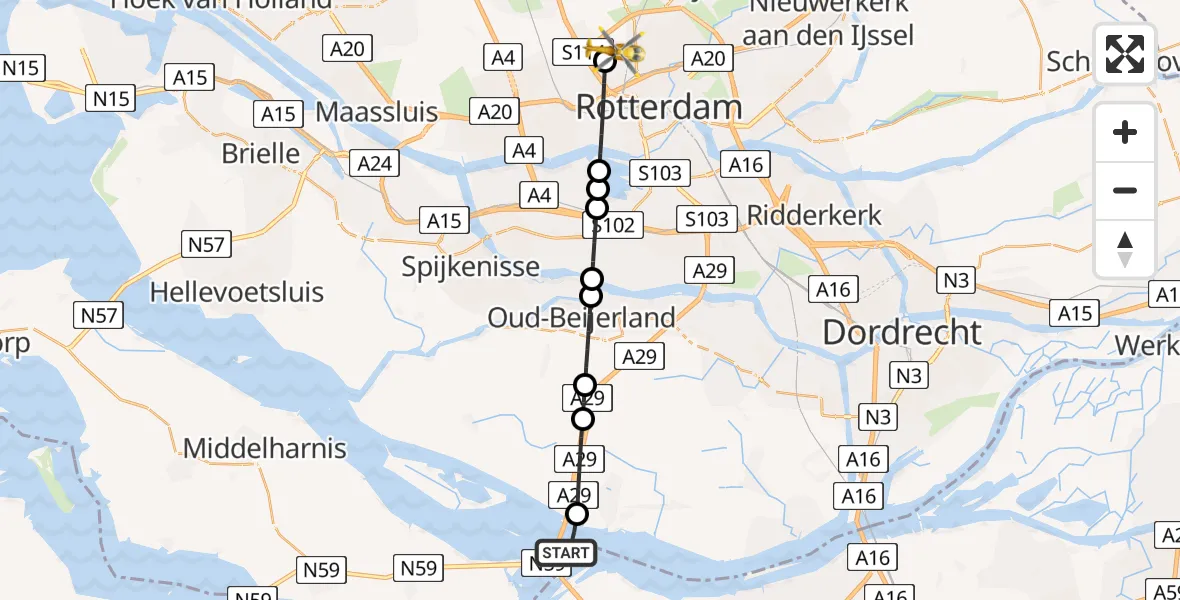 Vluchtroute Traumahelikopter van Hollandsch Diep naar Rotterdam The Hague Airport