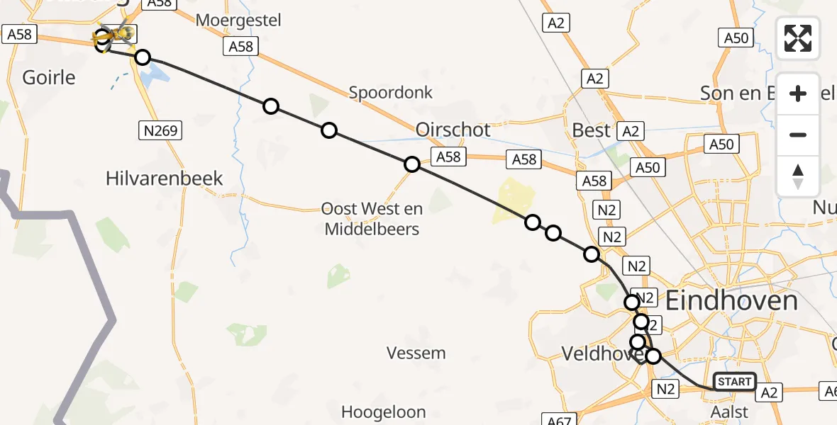 Vluchtroute Traumahelikopter van Eindhoven naar St. Elisabeth Hospital Heliport