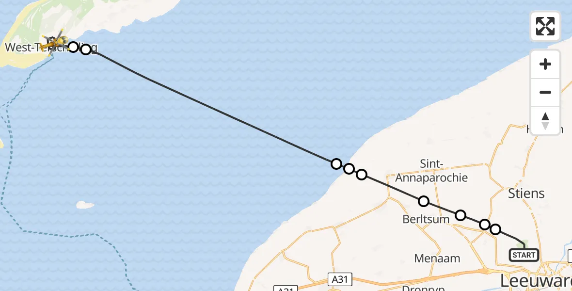 Vluchtroute Ambulancehelikopter van Vliegbasis Leeuwarden naar West-Terschelling