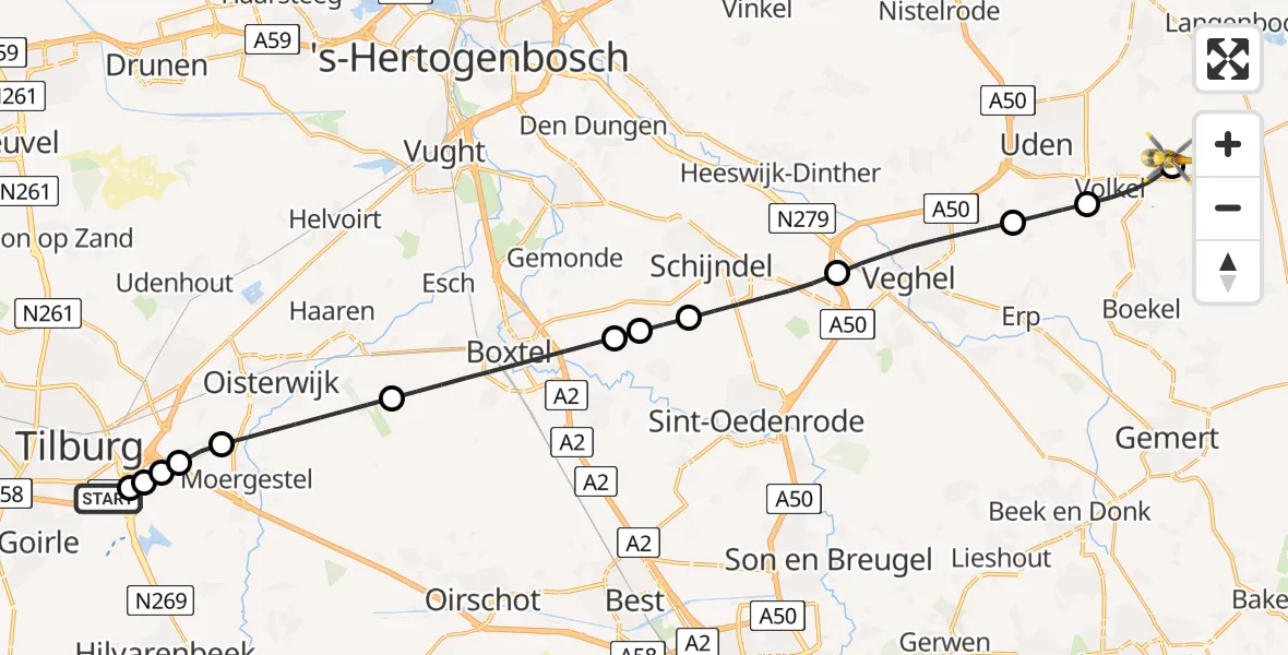 Vluchtroute Traumahelikopter van St. Elisabeth Hospital Heliport naar Vliegbasis Volkel