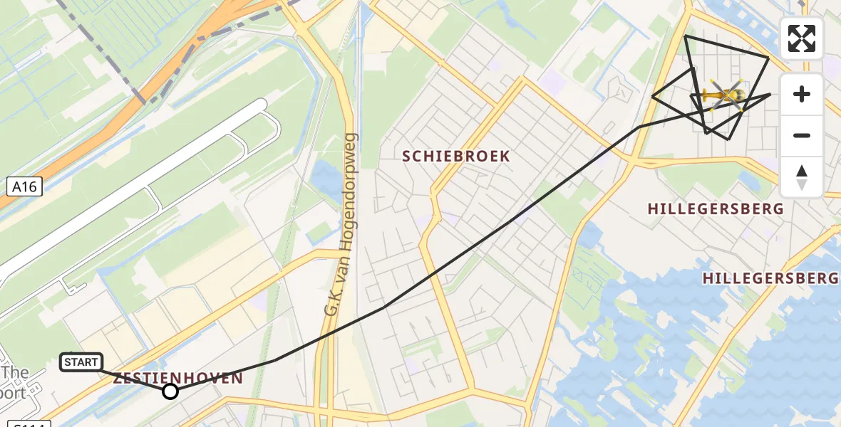 Vluchtroute Traumahelikopter van Rotterdam The Hague Airport naar Rotterdam