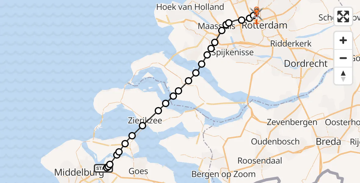 Vluchtroute Kustwachthelikopter van Vliegveld Midden-Zeeland naar Rotterdam The Hague Airport
