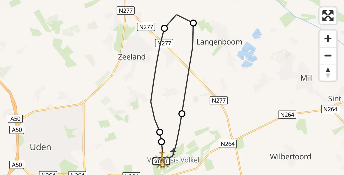 Vluchtroute Traumahelikopter van Vliegbasis Volkel naar Vliegbasis Volkel