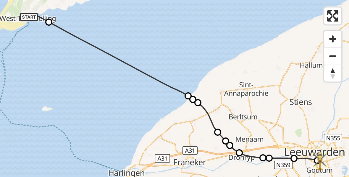 Vluchtroute Ambulancehelikopter van West-Terschelling naar Leeuwarden Medical Center Heliport