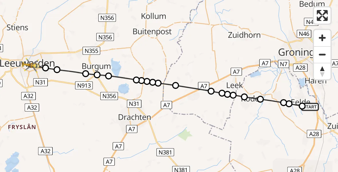 Vluchtroute Traumahelikopter van Groningen Airport Eelde naar Leeuwarden
