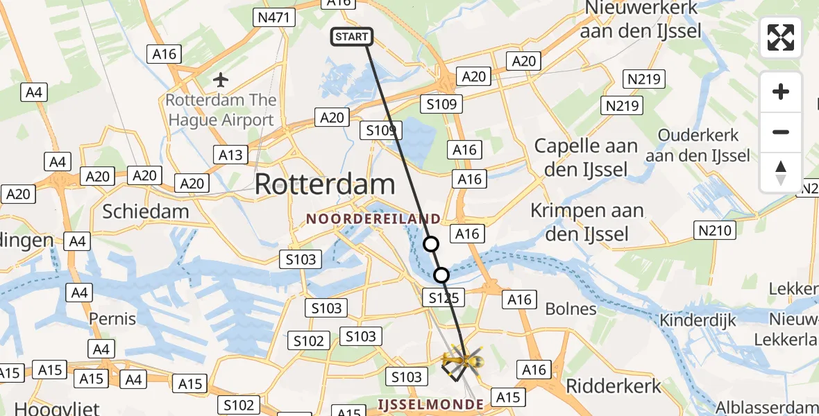 Vluchtroute Traumahelikopter van Rotterdam naar Rotterdam