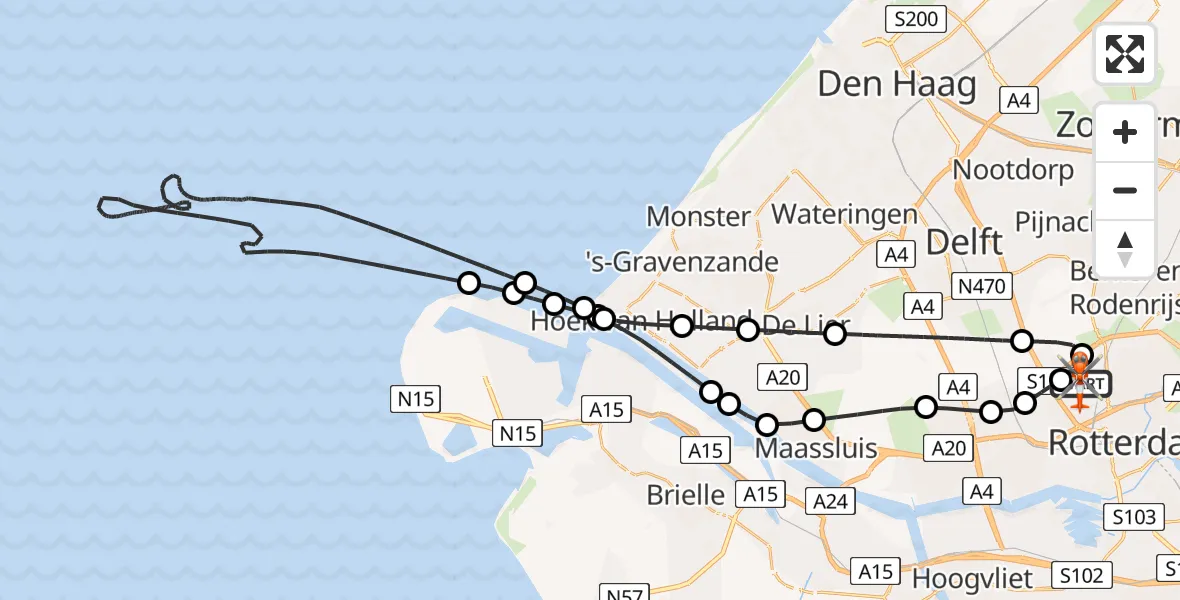 Vluchtroute Kustwachthelikopter van Rotterdam The Hague Airport naar Rotterdam The Hague Airport