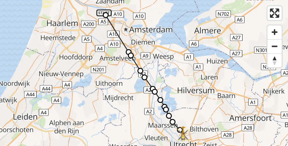 Vluchtroute Traumahelikopter van Amsterdam Heliport naar Utrecht