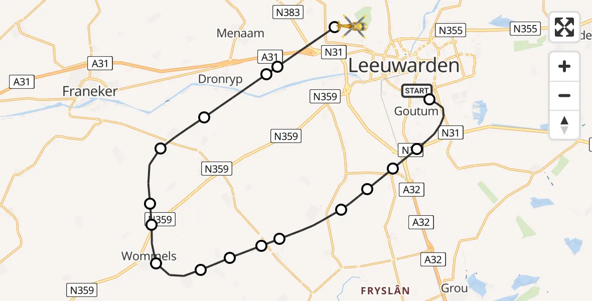 Vluchtroute Ambulancehelikopter van Leeuwarden Medical Center Heliport naar Vliegbasis Leeuwarden