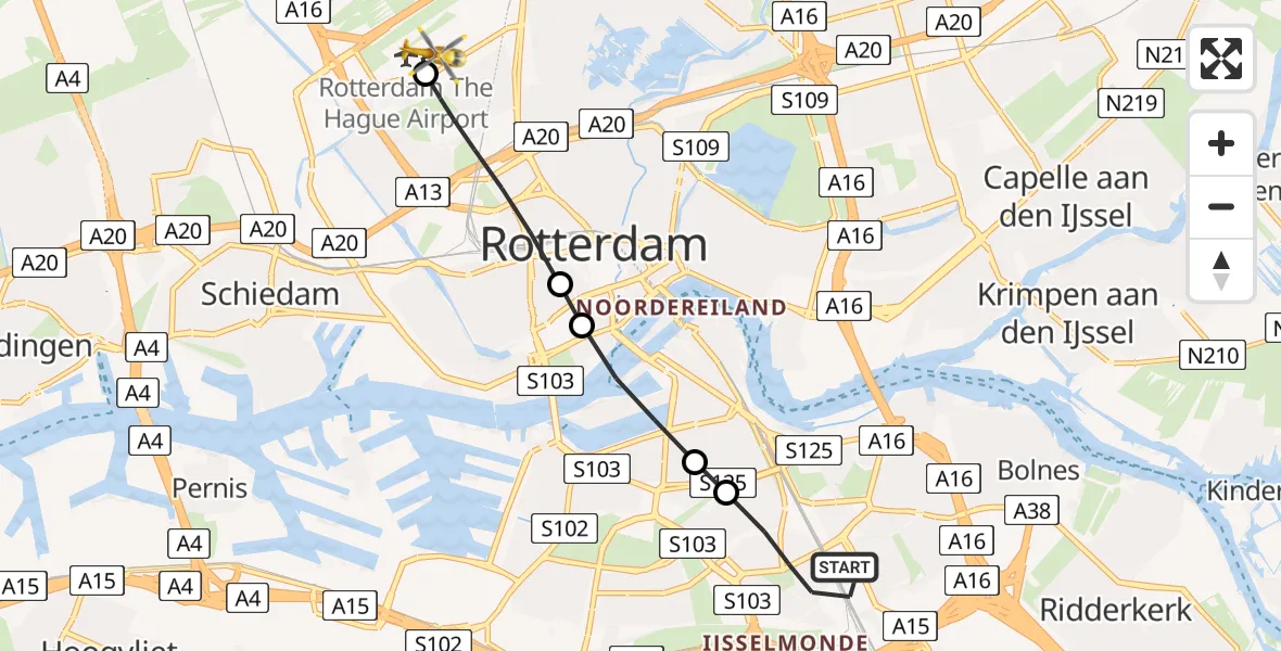 Vluchtroute Traumahelikopter van Rotterdam naar Rotterdam The Hague Airport