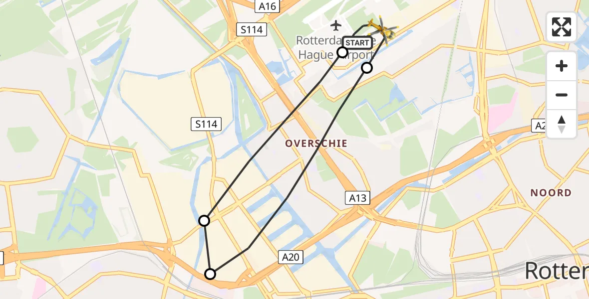 Vluchtroute Traumahelikopter van Rotterdam The Hague Airport naar Rotterdam The Hague Airport