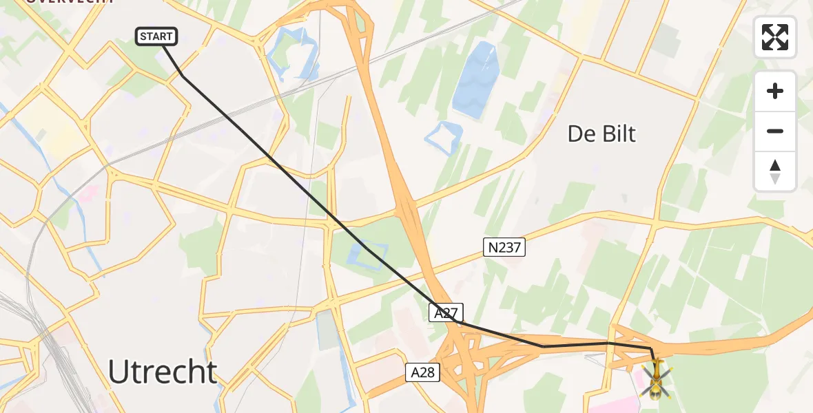 Vluchtroute Traumahelikopter van Utrecht naar University Medical Center Utrecht Heliport