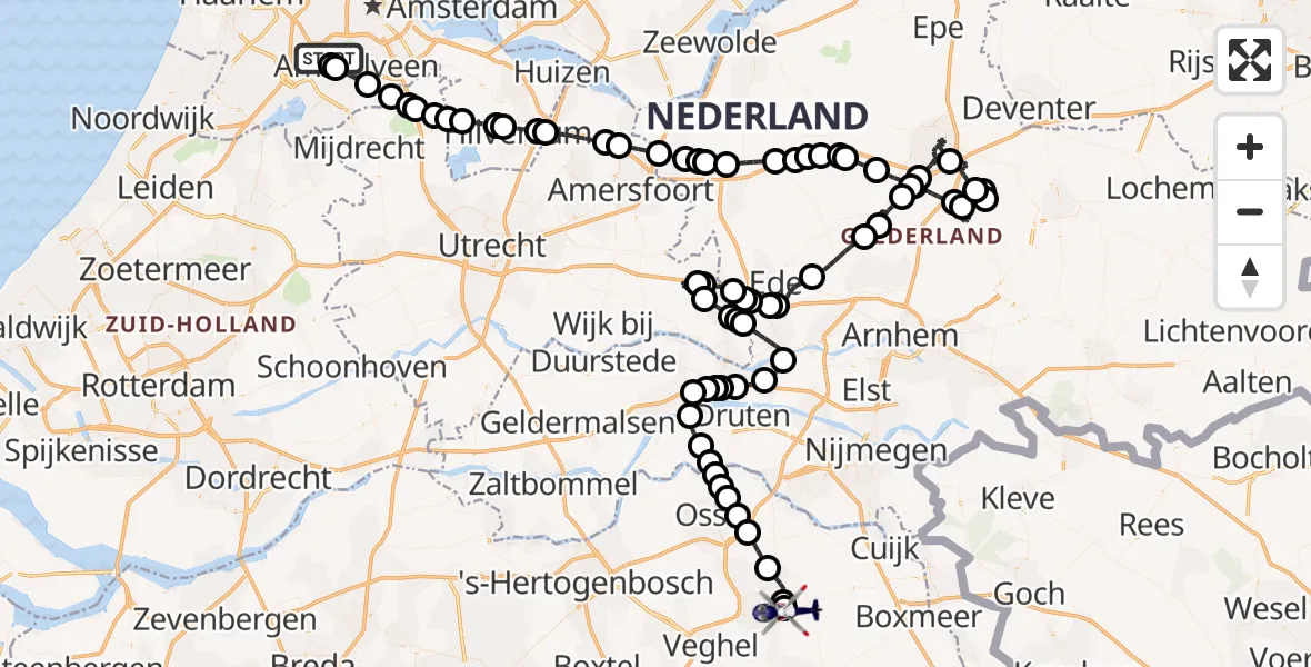 Vluchtroute Politiehelikopter van Amsterdam Vliegveld Schiphol naar Vliegbasis Volkel