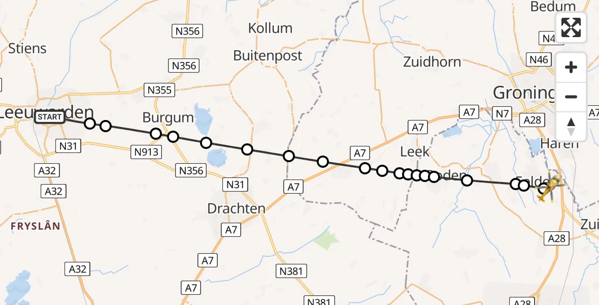 Vluchtroute Traumahelikopter van Leeuwarden naar Groningen Airport Eelde