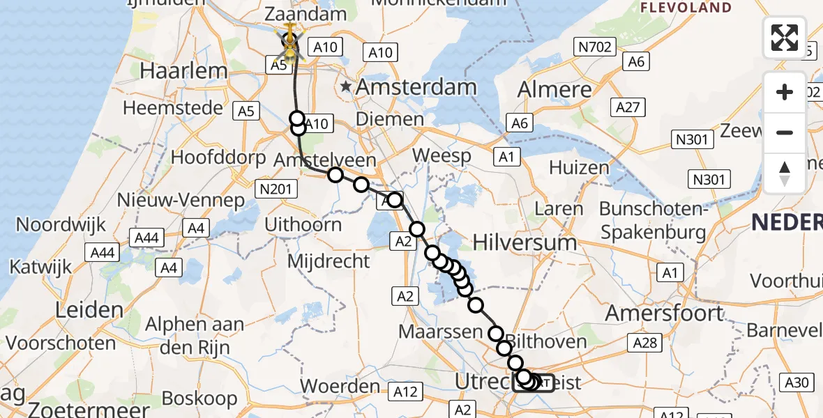 Vluchtroute Traumahelikopter van University Medical Center Utrecht Heliport naar Amsterdam Heliport