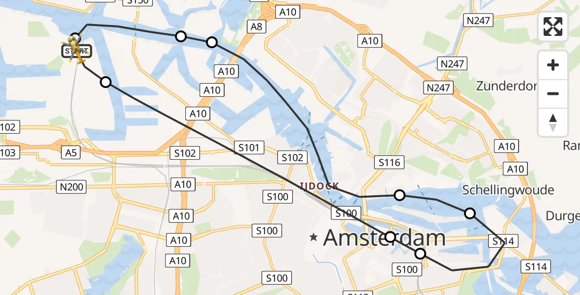 Vluchtroute Traumahelikopter van Amsterdam Heliport naar Amsterdam Heliport