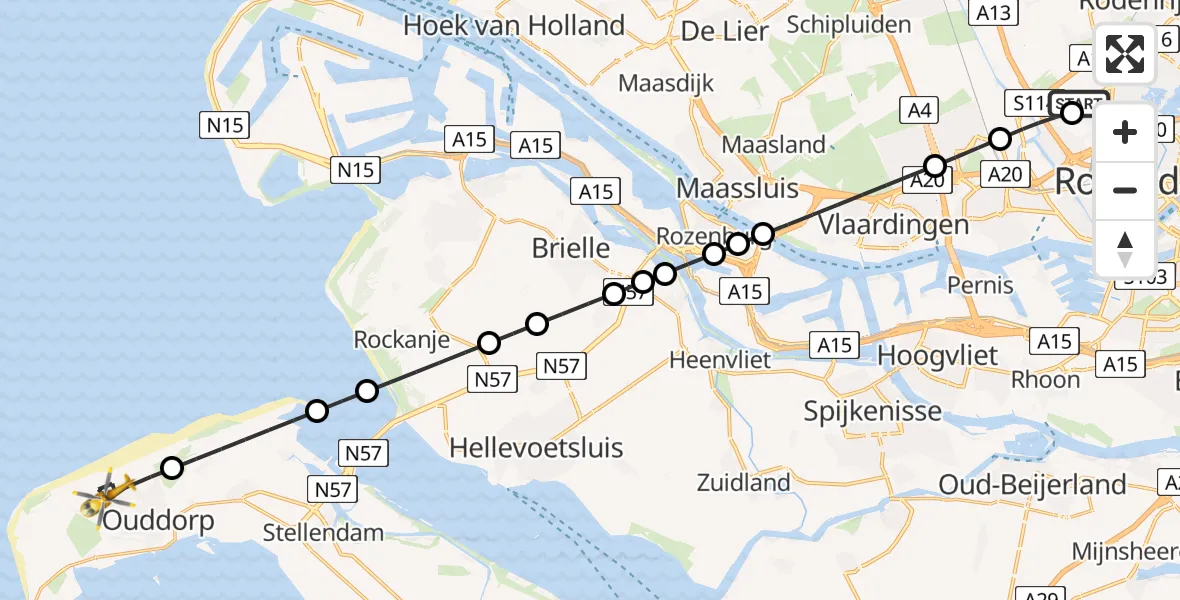 Vluchtroute Traumahelikopter van Rotterdam The Hague Airport naar Ouddorp