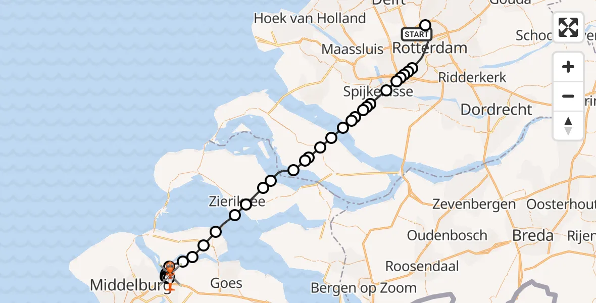 Vluchtroute Kustwachthelikopter van Rotterdam The Hague Airport naar Vliegveld Midden-Zeeland