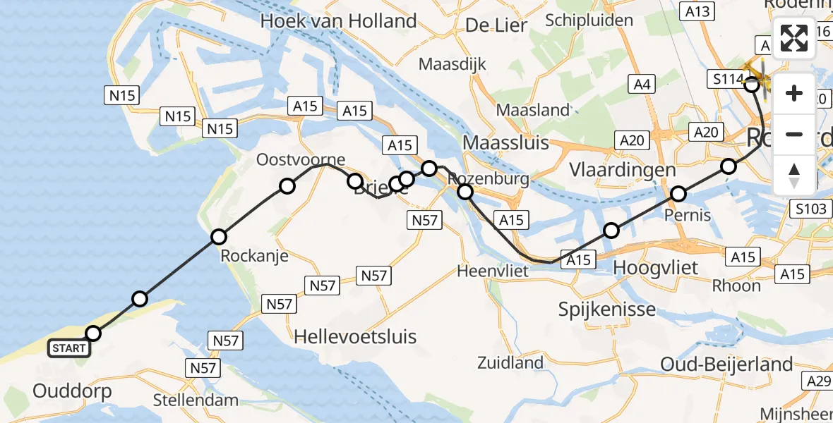 Vluchtroute Traumahelikopter van Ouddorp naar Rotterdam The Hague Airport