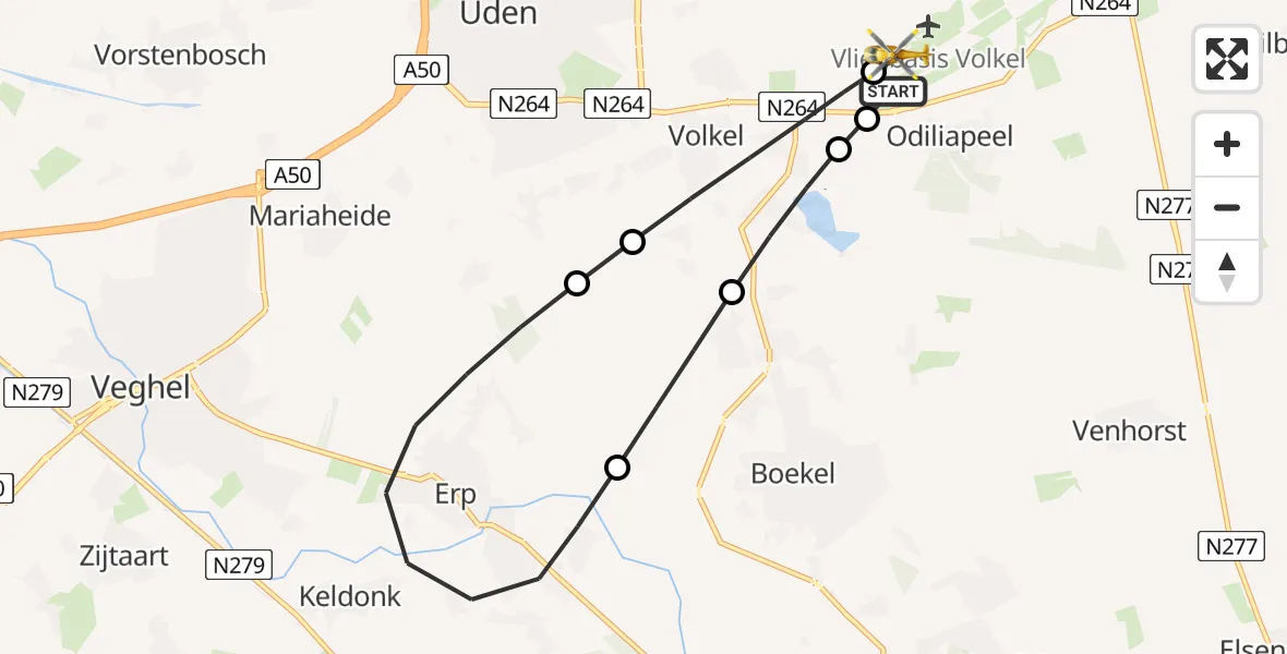 Vluchtroute Traumahelikopter van Vliegbasis Volkel naar Vliegbasis Volkel