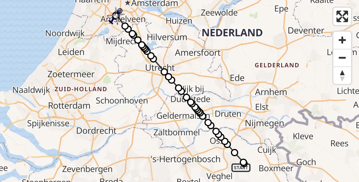Vluchtroute Politiehelikopter van Vliegbasis Volkel naar Amsterdam Vliegveld Schiphol