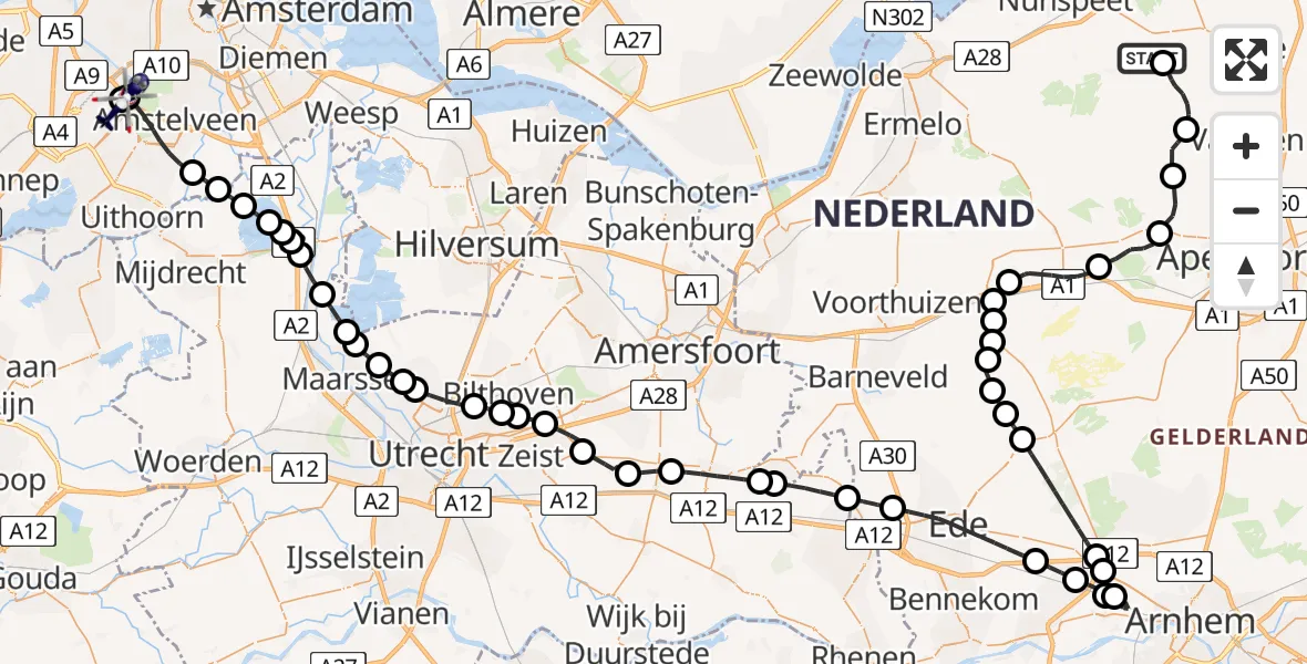 Vluchtroute Politiehelikopter van Vierhouten naar Amsterdam Vliegveld Schiphol
