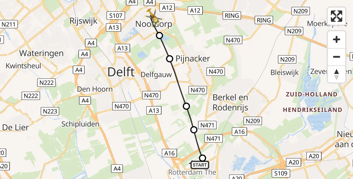 Vluchtroute Traumahelikopter van Rotterdam The Hague Airport naar Nootdorp