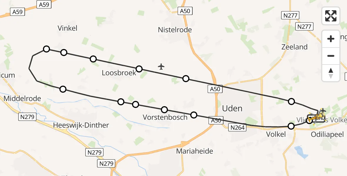 Vluchtroute Traumahelikopter van Vliegbasis Volkel naar Vliegbasis Volkel