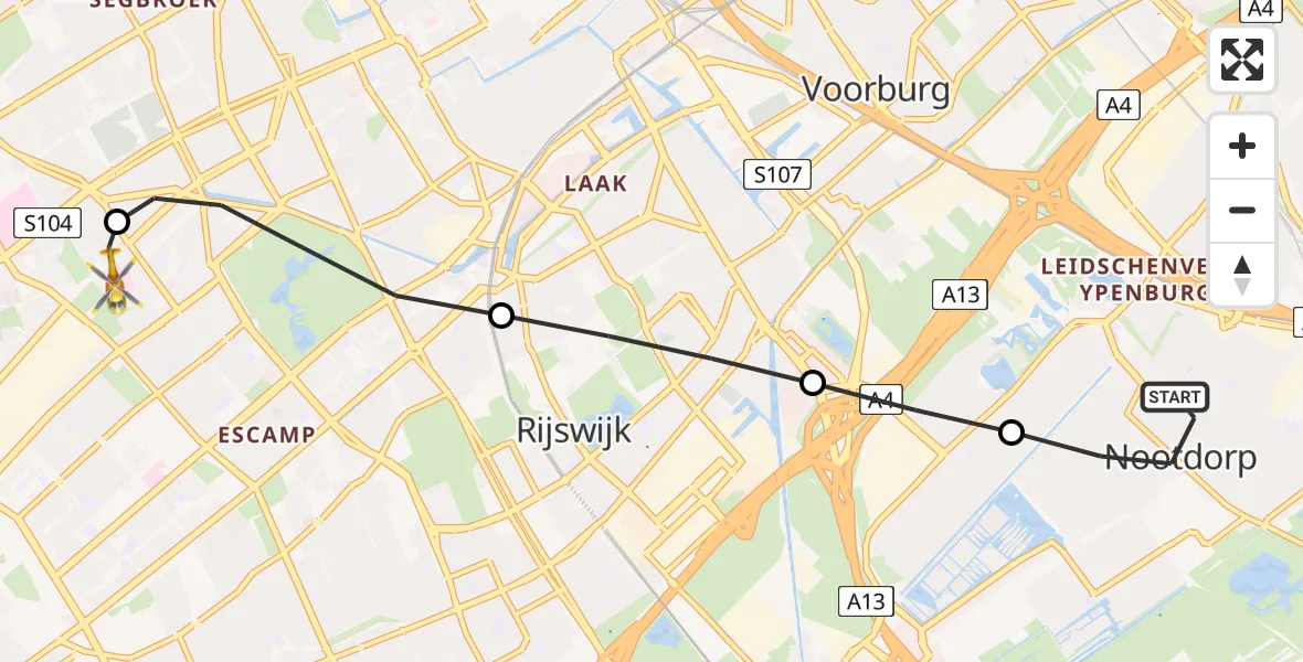 Vluchtroute Traumahelikopter van Nootdorp naar HagaZiekenhuis Den Haag Heliport