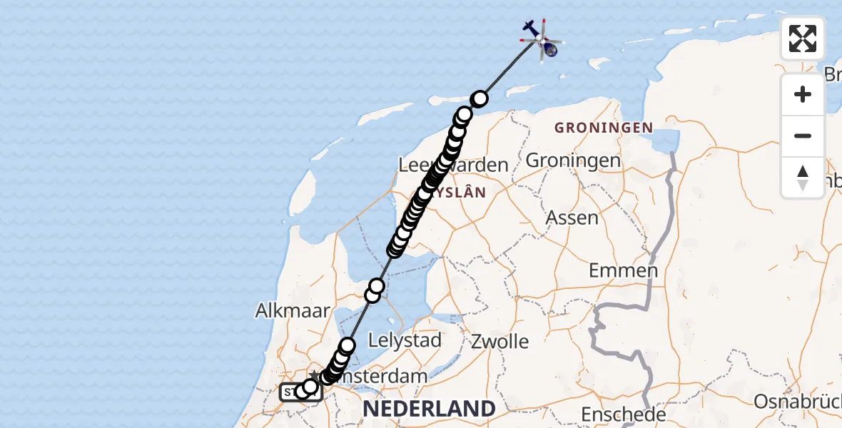 Vluchtroute Politiehelikopter van Amsterdam Vliegveld Schiphol naar Noordzee