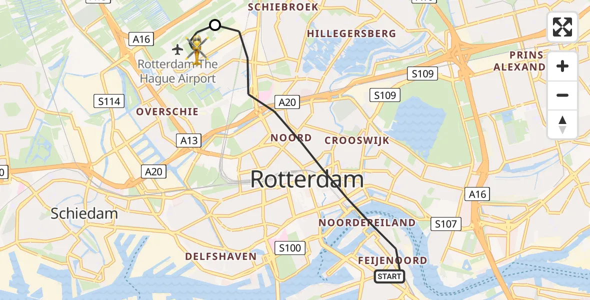 Vluchtroute Traumahelikopter van Rotterdam naar Rotterdam The Hague Airport