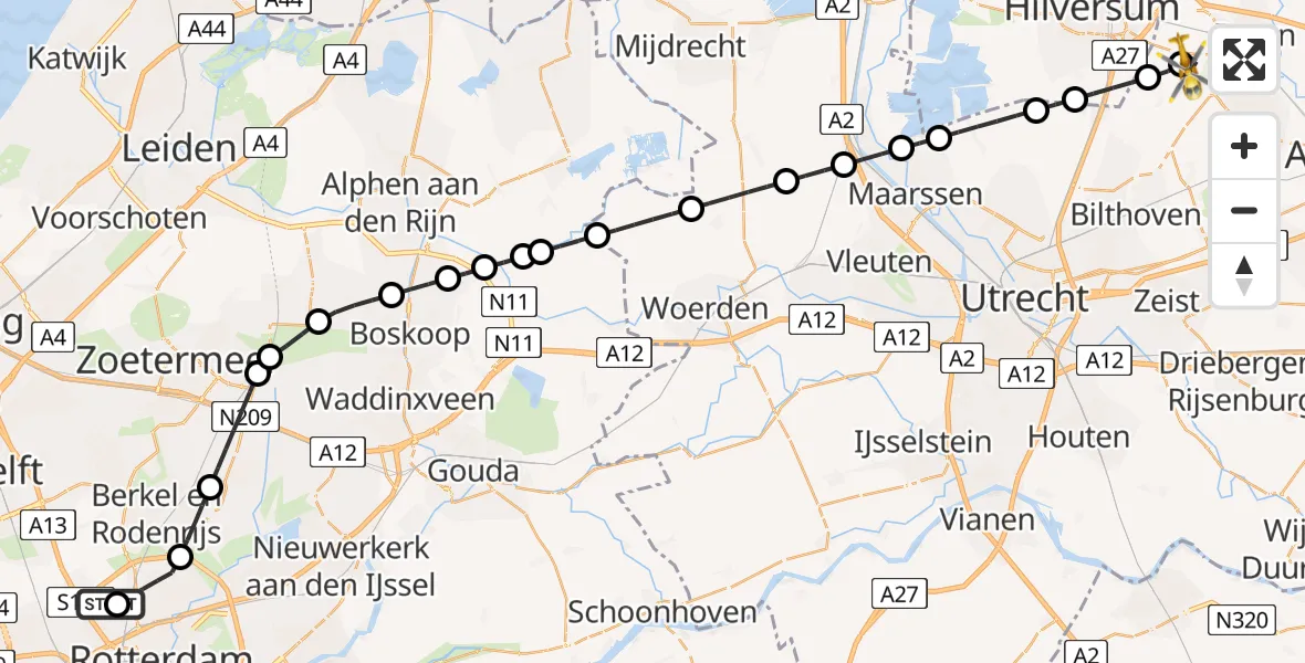 Vluchtroute Traumahelikopter van Rotterdam The Hague Airport naar Baarn