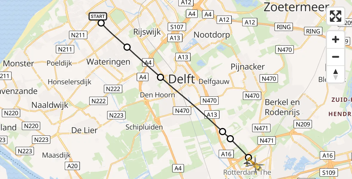 Vluchtroute Traumahelikopter van HagaZiekenhuis Den Haag Heliport naar Rotterdam The Hague Airport