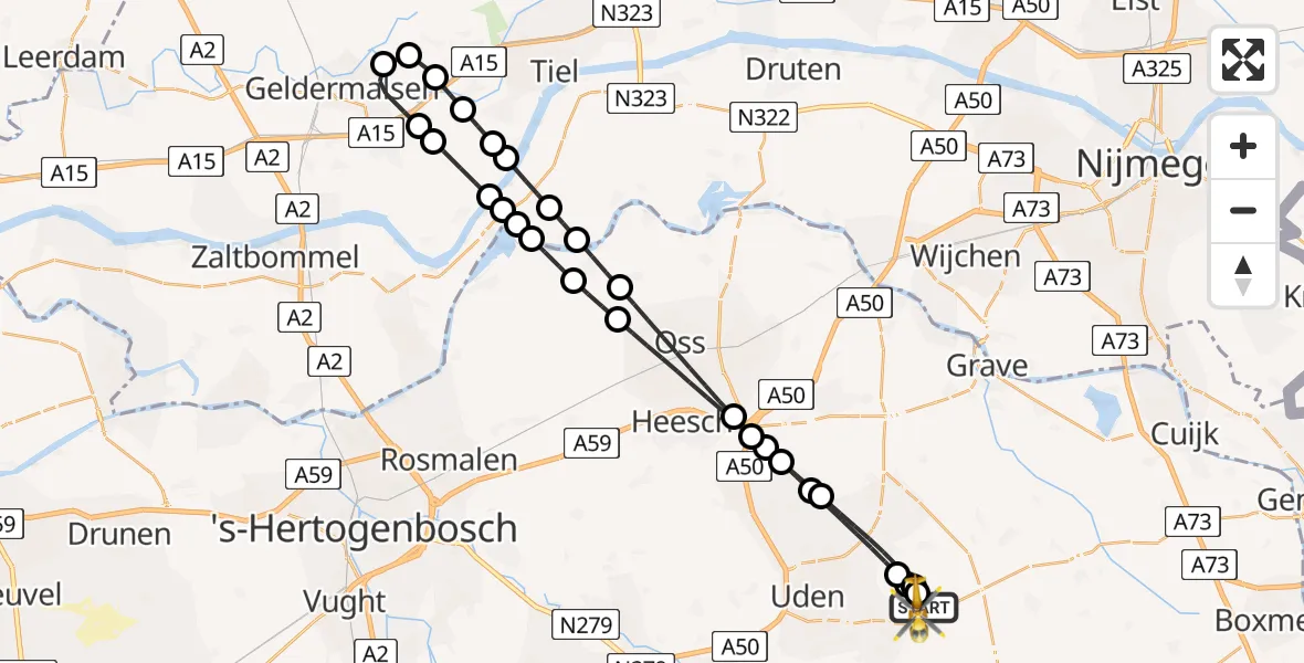 Vluchtroute Traumahelikopter van Vliegbasis Volkel naar Vliegbasis Volkel