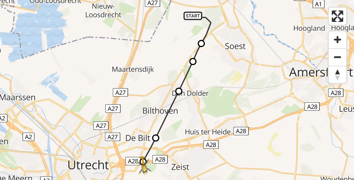 Vluchtroute Traumahelikopter van Baarn naar Utrecht