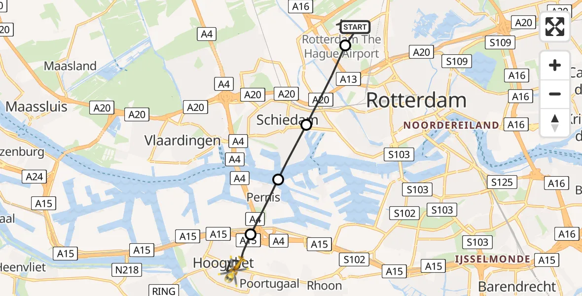 Vluchtroute Traumahelikopter van Rotterdam The Hague Airport naar Hoogvliet Rotterdam