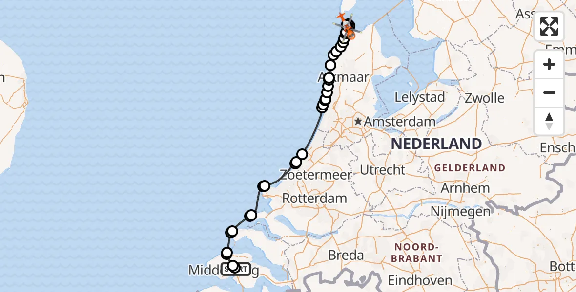 Vluchtroute Kustwachthelikopter van Vliegveld Midden-Zeeland naar Militair vliegveld De Kooy / Den Helder Airport
