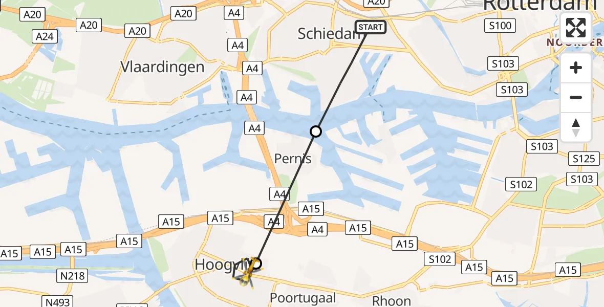 Vluchtroute Traumahelikopter van Schiedam naar Hoogvliet Rotterdam