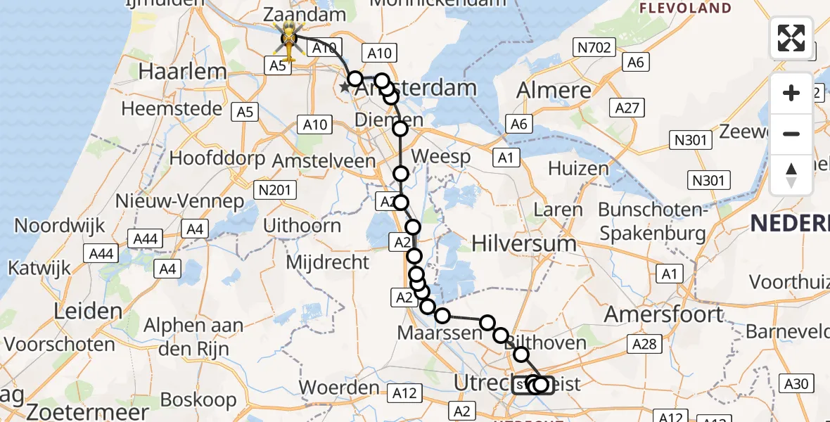 Vluchtroute Traumahelikopter van University Medical Center Utrecht Heliport naar Amsterdam Heliport