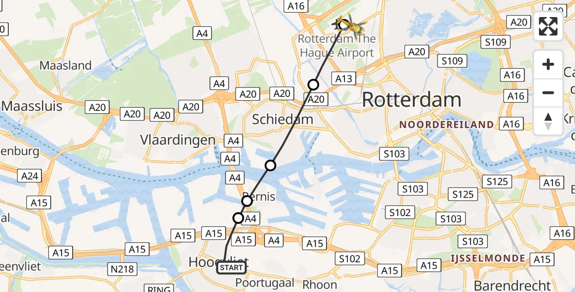 Vluchtroute Traumahelikopter van Hoogvliet Rotterdam naar Rotterdam The Hague Airport