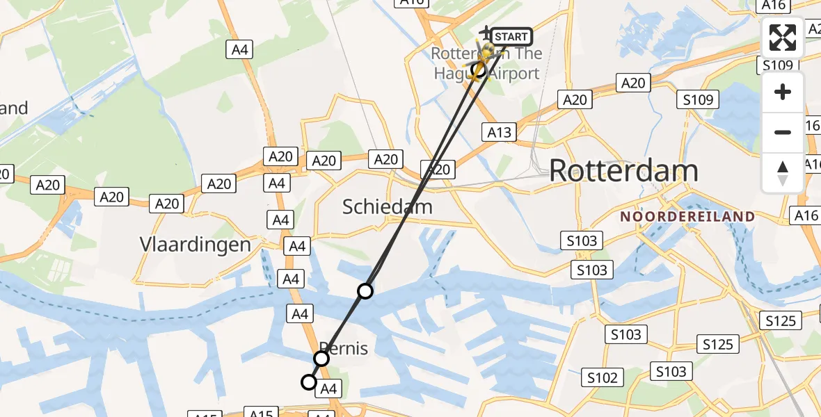 Vluchtroute Traumahelikopter van Rotterdam The Hague Airport naar Rotterdam