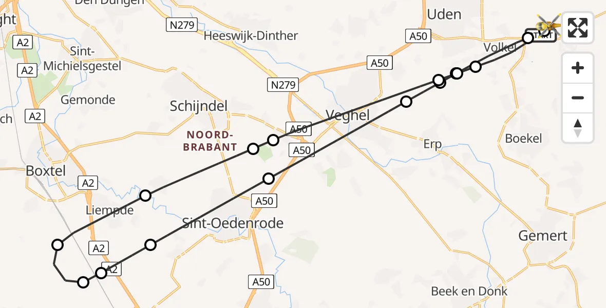 Vluchtroute Traumahelikopter van Vliegbasis Volkel naar Vliegbasis Volkel