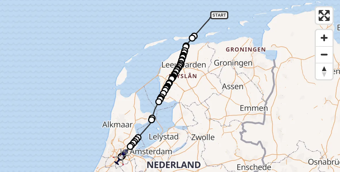 Vluchtroute Politiehelikopter van Noordzee naar Amsterdam Vliegveld Schiphol