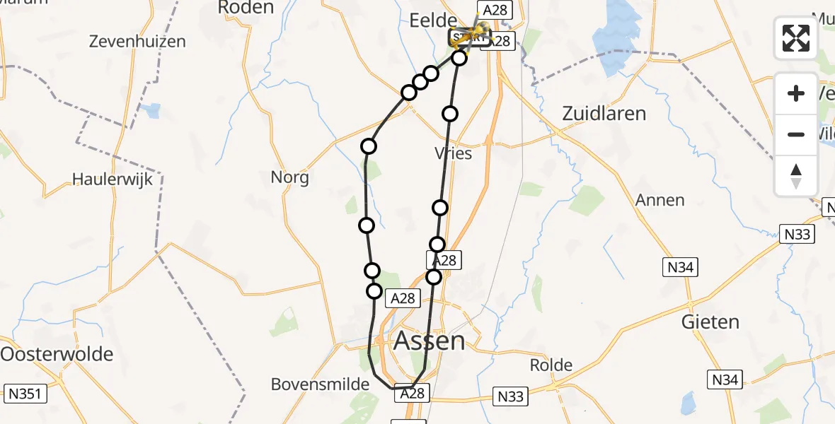 Vluchtroute Traumahelikopter van Groningen Airport Eelde naar Groningen Airport Eelde