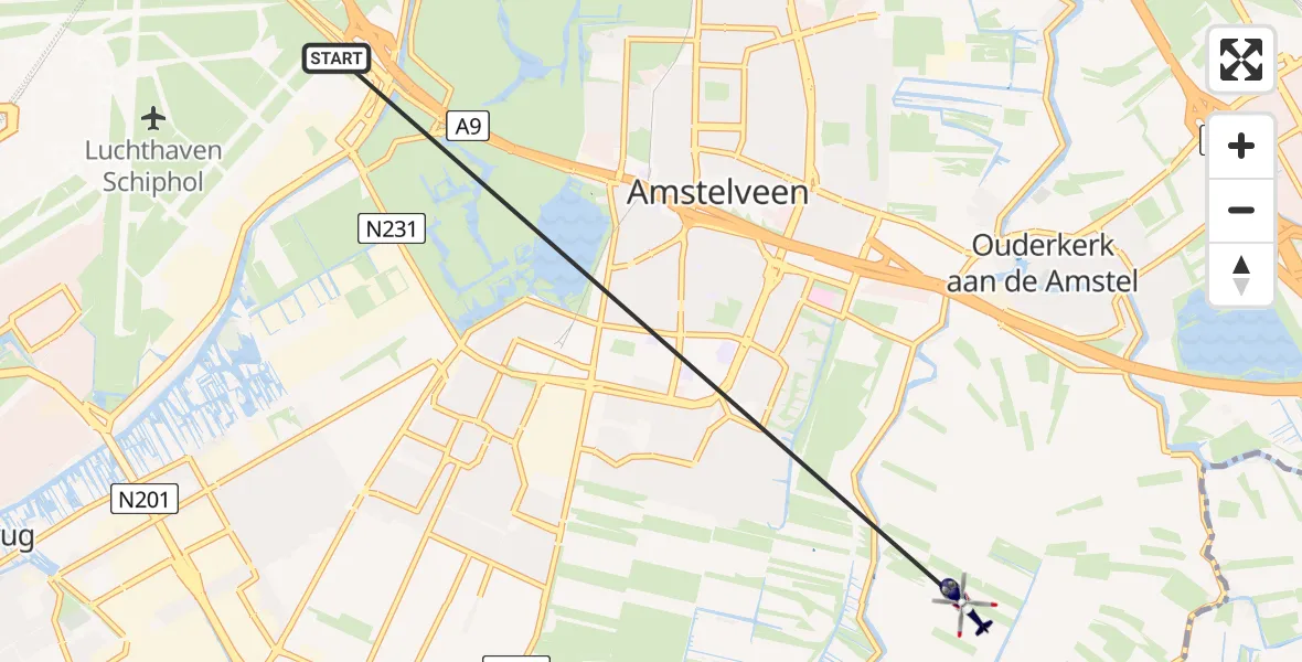 Vluchtroute Politiehelikopter van Amsterdam Vliegveld Schiphol naar Ouderkerk aan de Amstel