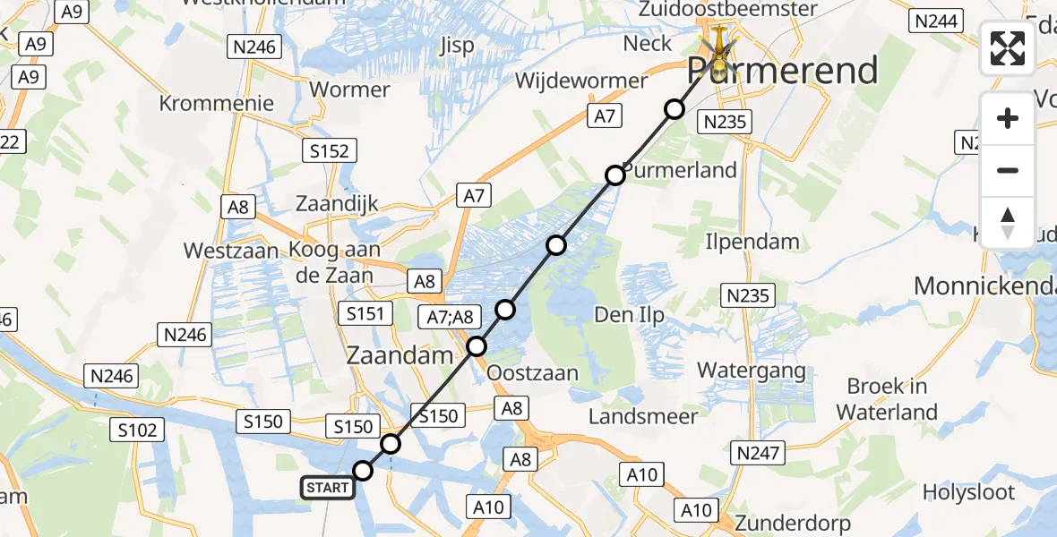 Vluchtroute Traumahelikopter van Amsterdam Heliport naar Purmerend