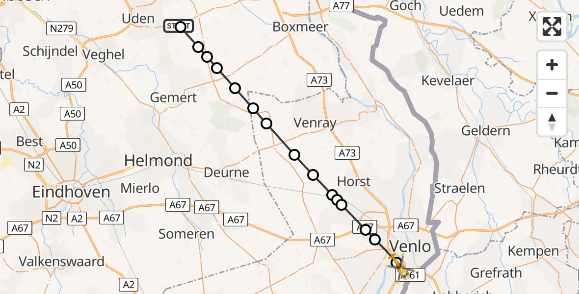 Vluchtroute Traumahelikopter van Vliegbasis Volkel naar Tegelen